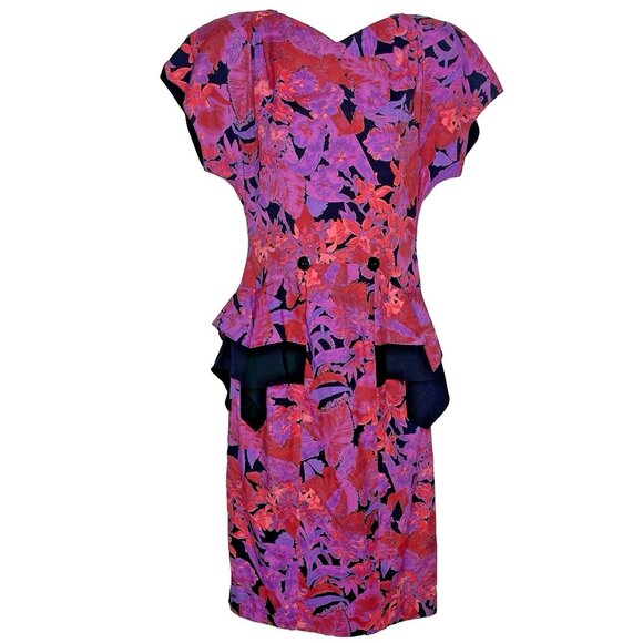 Vintage 80s Barbara Barbara Secretary Dress Hot Purple Orange Floral Peplum - Picture 1 of 8